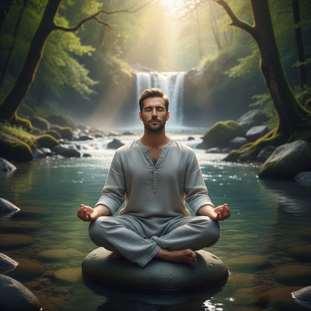Pria bermeditasi di lingkungan yang tenang